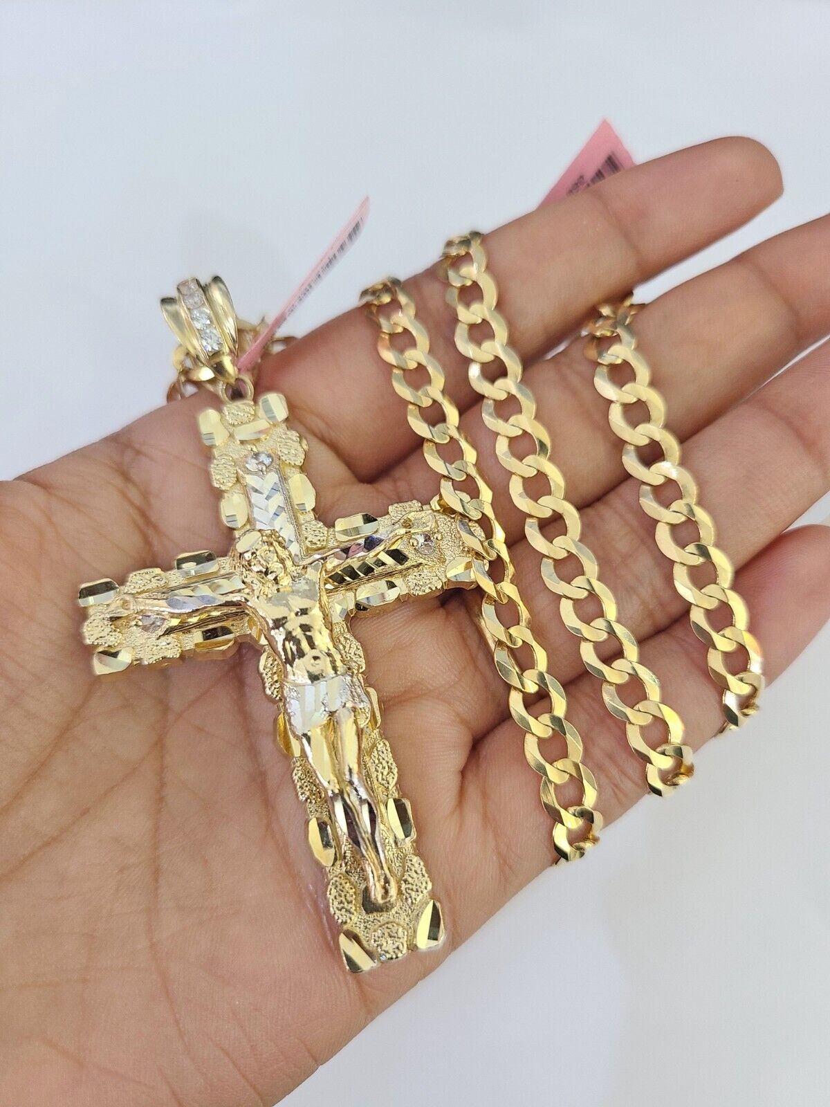 14k Gold Chain Jesus Cross Charm Solid Cuban Curb 5mm 20"-28" Inch SET Necklace