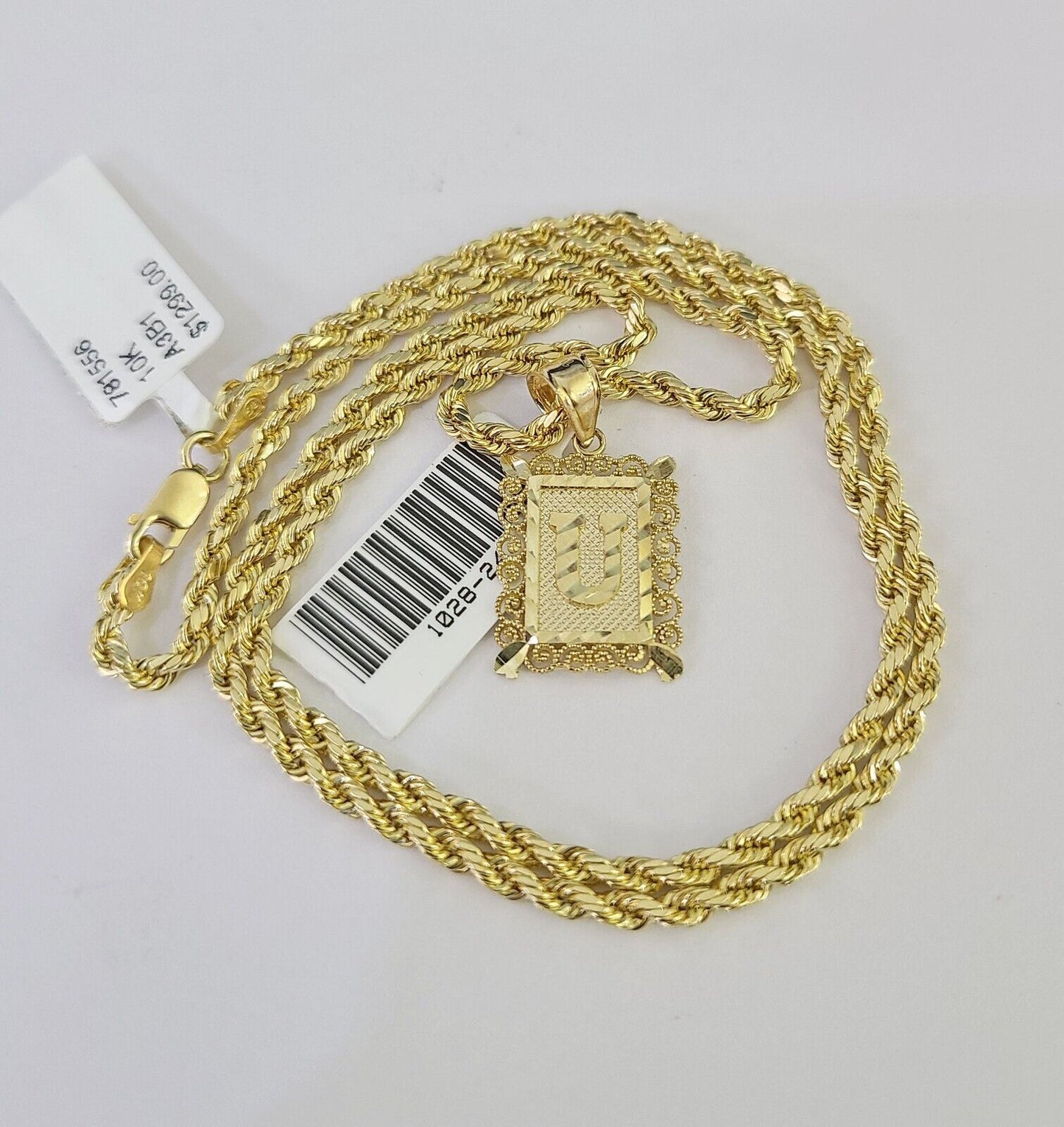 10k Gold Initial U Charm Rope Chain 16"-26" 2.5mm SET Necklace Alphabet Pendant