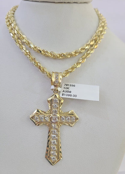 10k Solid Rope Chain Jesus Cross Charm Set 4mm 18"-30" Necklace Gold Pendant