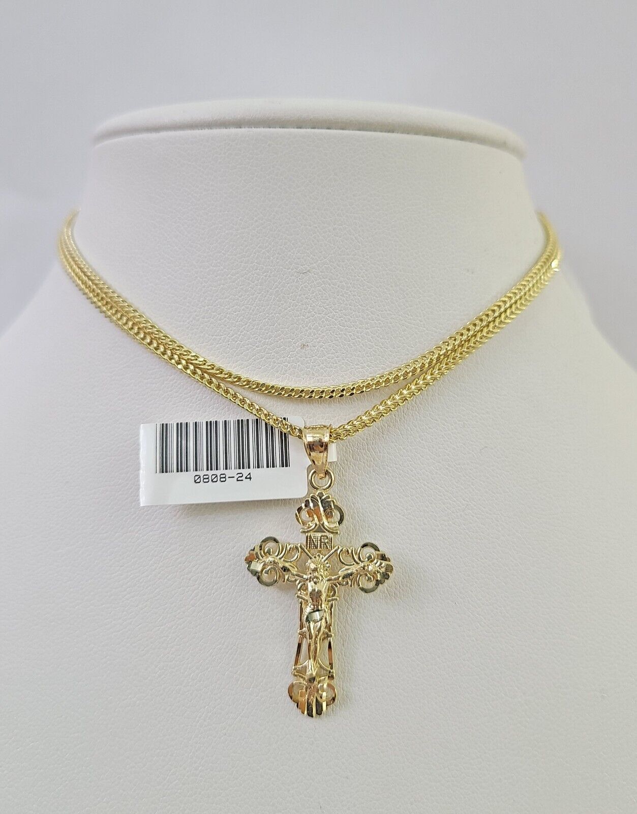 10K Franco Chain Jesus Cross Pendant Charm Necklace 16"-24" 2mm Gold SET Yellow