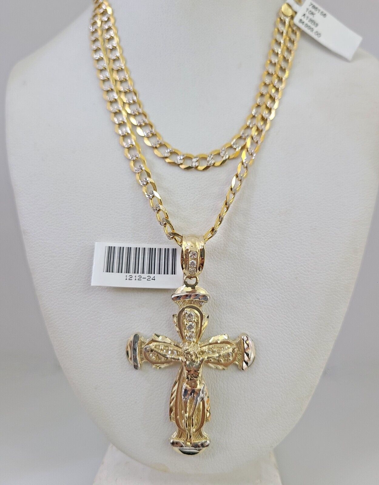 10k Gold Chain Jesus Crucifix Cross Charm Solid Cuban Curb 5mm 18"-28" Inch SET