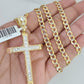 10k Gold Chain Jesus Cross Charm Solid Cuban Curb 5mm 18"-28" Inch SET