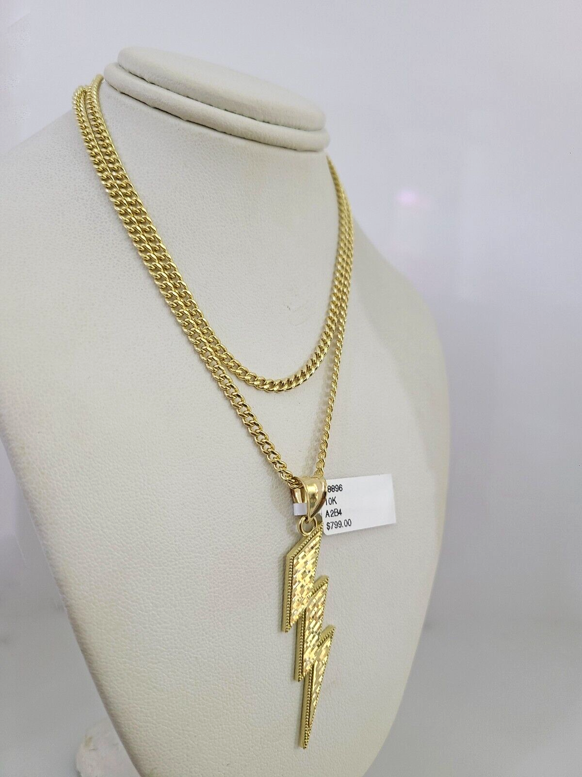 10k Gold Miami Cuban Chain Lightning Charm Pendant 3mm 18-28in Necklace Set