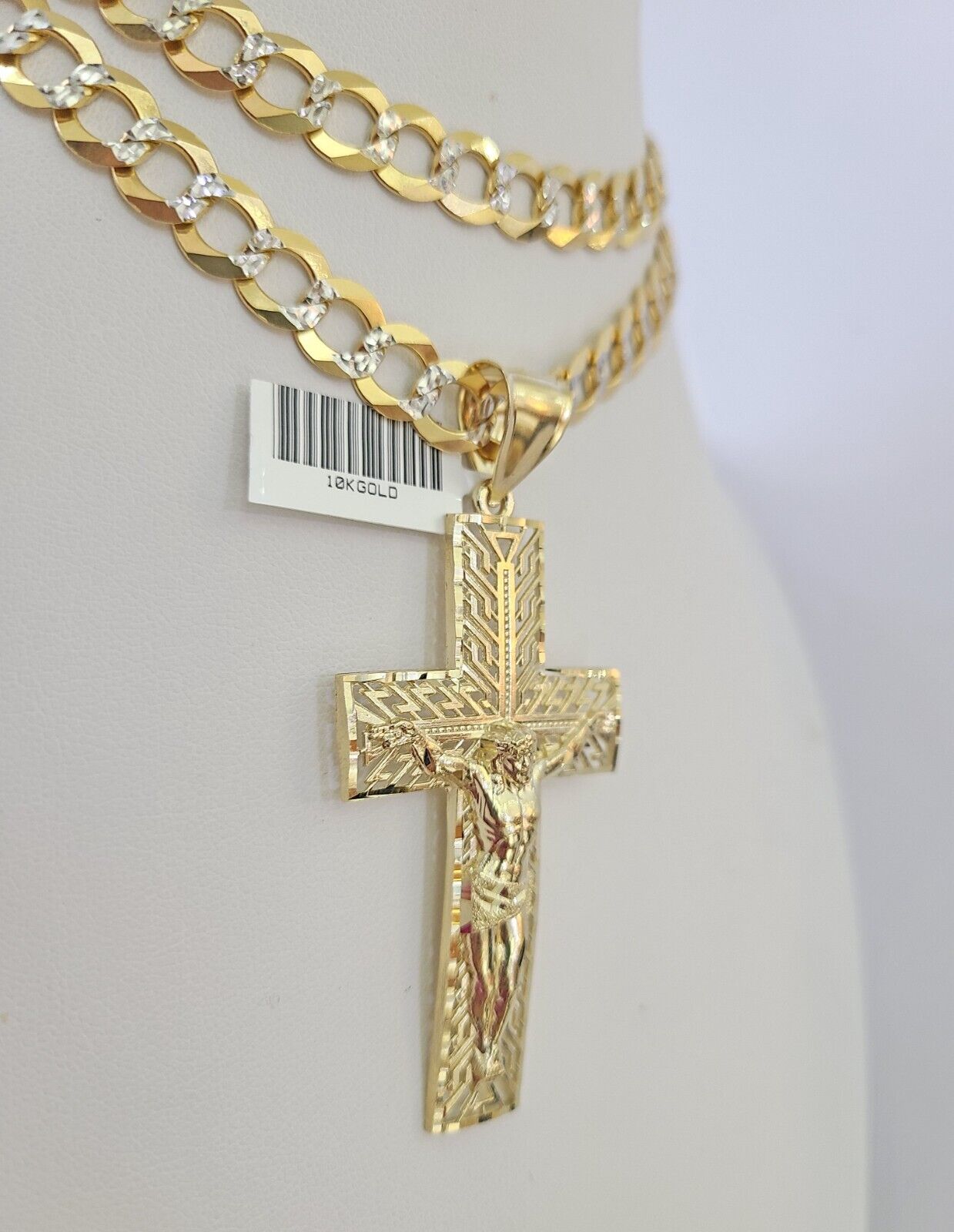 10k Gold Chain Cross Charm Solid Cuban Curb Necklace 9mm 20"-30" Diamond Cut SET