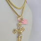 Real 14k Solid Chain Cross Charm Set Miami Cuban Link 3mm Necklace Pendant Gold