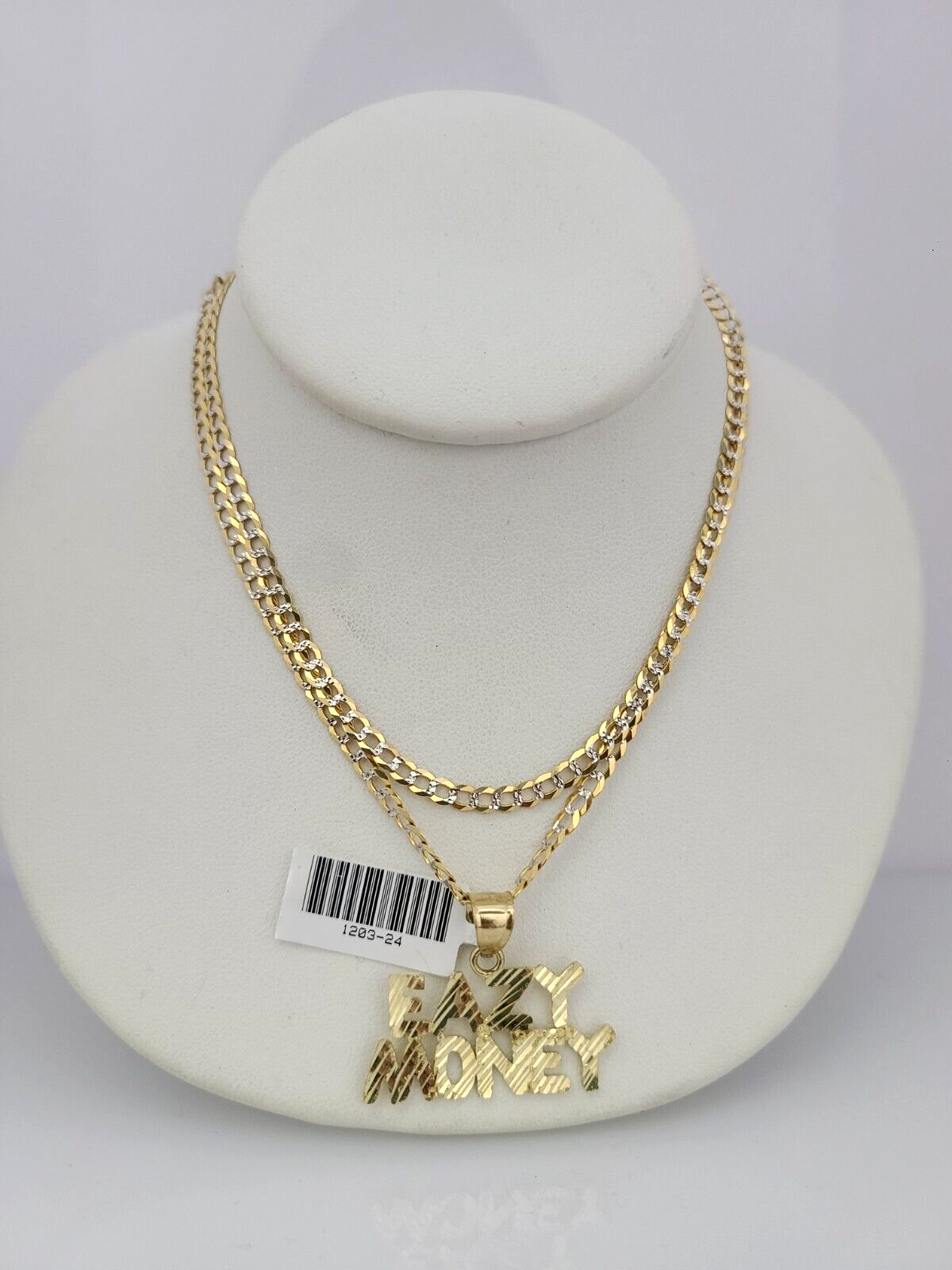 10k Gold Solid Cuban Curb Chain Necklace Eazy Money Pendant Set 3mm 18"-26"