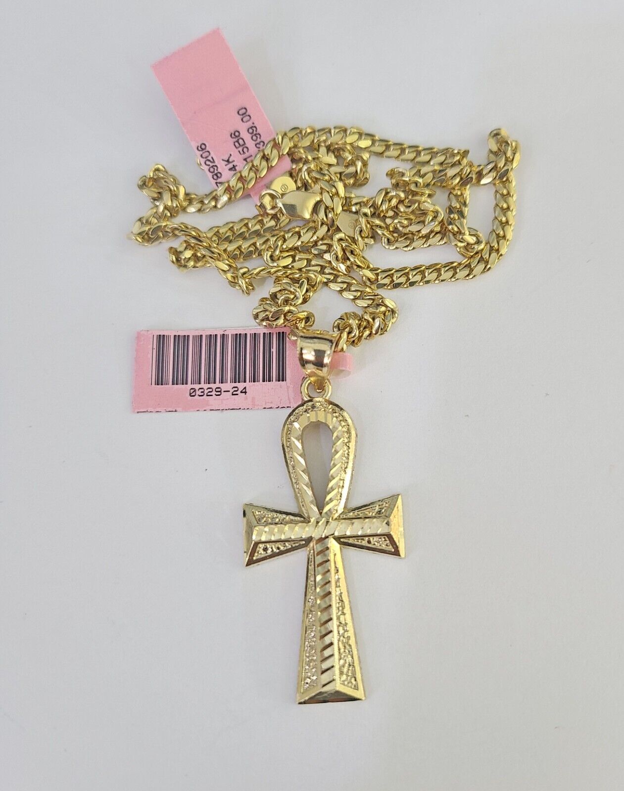 Real 14k Solid Chain Cross Charm Set Miami Cuban Link 3mm Necklace Pendant Gold