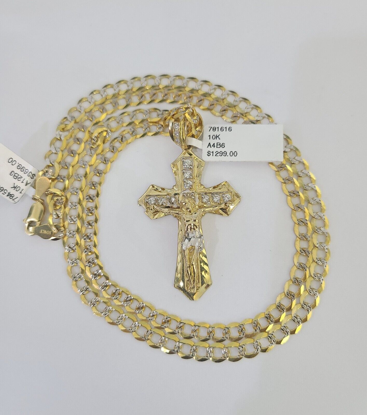 10k Gold Chain Cross Charm Solid Cuban Curb Link 5mm 18"-28" Inch DiamondCut SET
