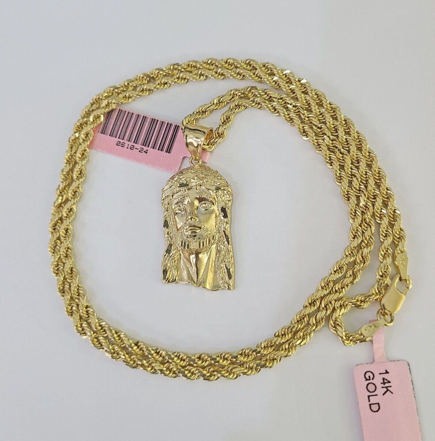 Yellow Jesus Chain Real 14k Rope Chain Jesus Head Charm Set Yellow Gold 4mm 18-30