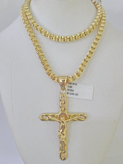 10k Gold Byzantine Box Necklace Jesus Cross Charm 18"-26" SET Yellow Real