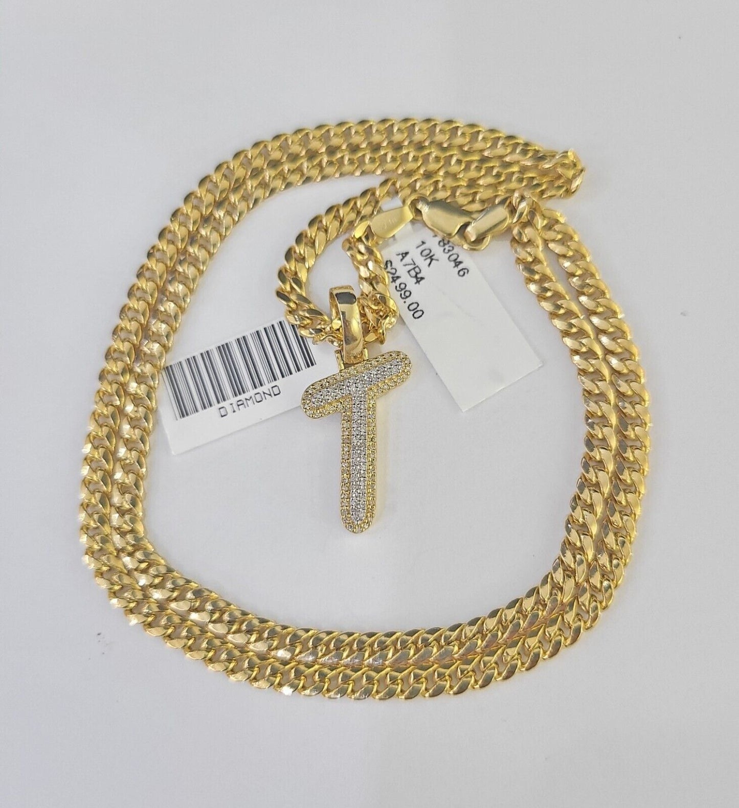 10k Miami Cuban Chain T Diamond Charm Set 4mm 18-26"Yellow Gold Necklace Pendant