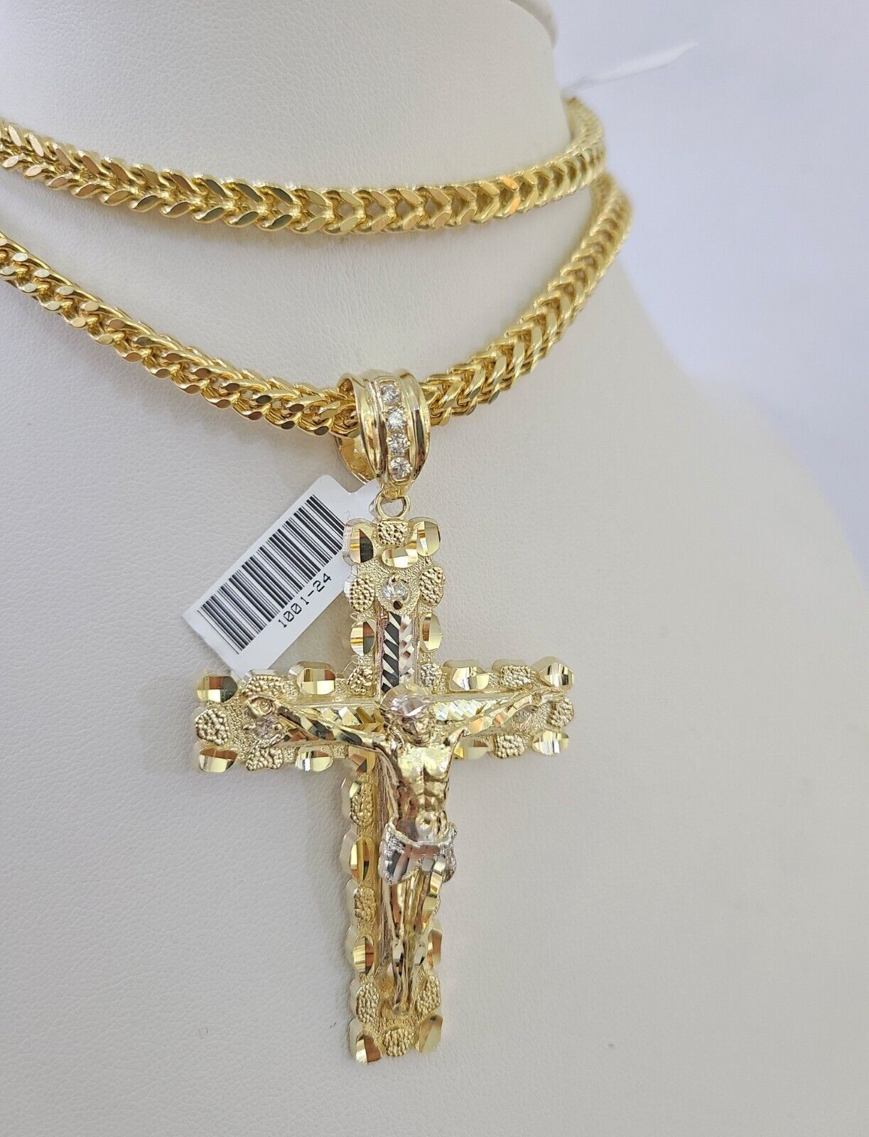 10K Franco Chain Jesus Cross Pendant Charm Necklace 20"-26" 5mm Gold Yellow SET