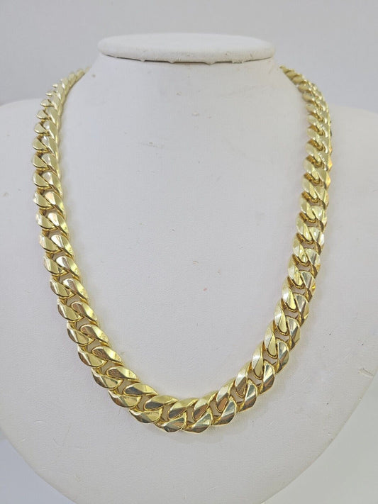 Real 14K Miami Cuban Link Chain Necklace Yellow Gold 24 inch 11mm Mens Hollow