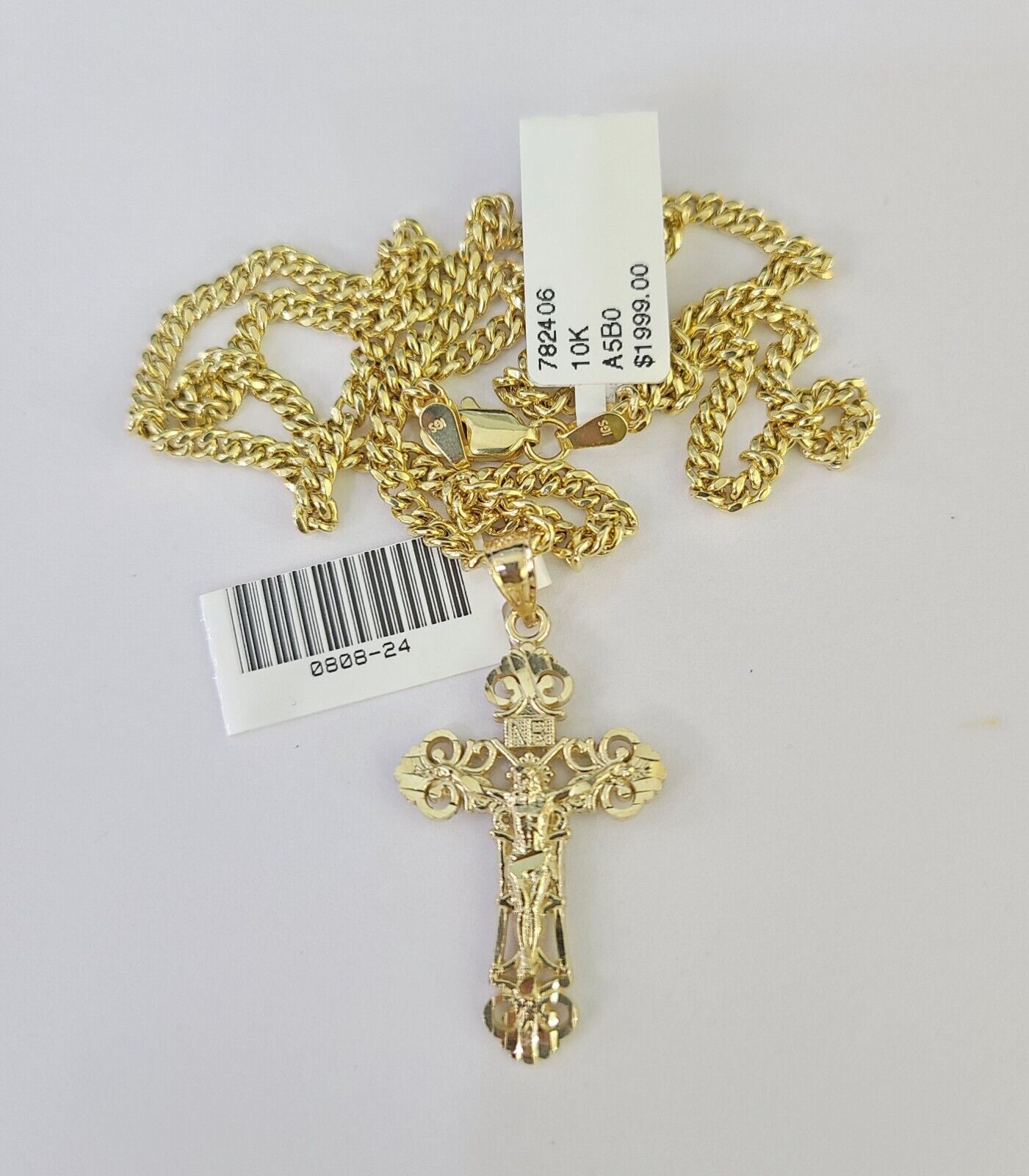 10K Gold Miami Cuban Chain INRI Jesus Cross 18"-28" 3mm Pendant Necklace SET