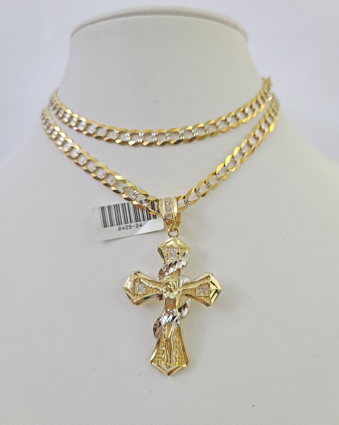 SET Solid 10k Gold Cuban Link Curb Chain Jesus Cross Pendant Two-tone 6mm 20"-30"Necklace