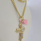 Real 14k Chain Cross Charm Set Miami Cuban Link 4mm Necklace Pendant Yellow Gold