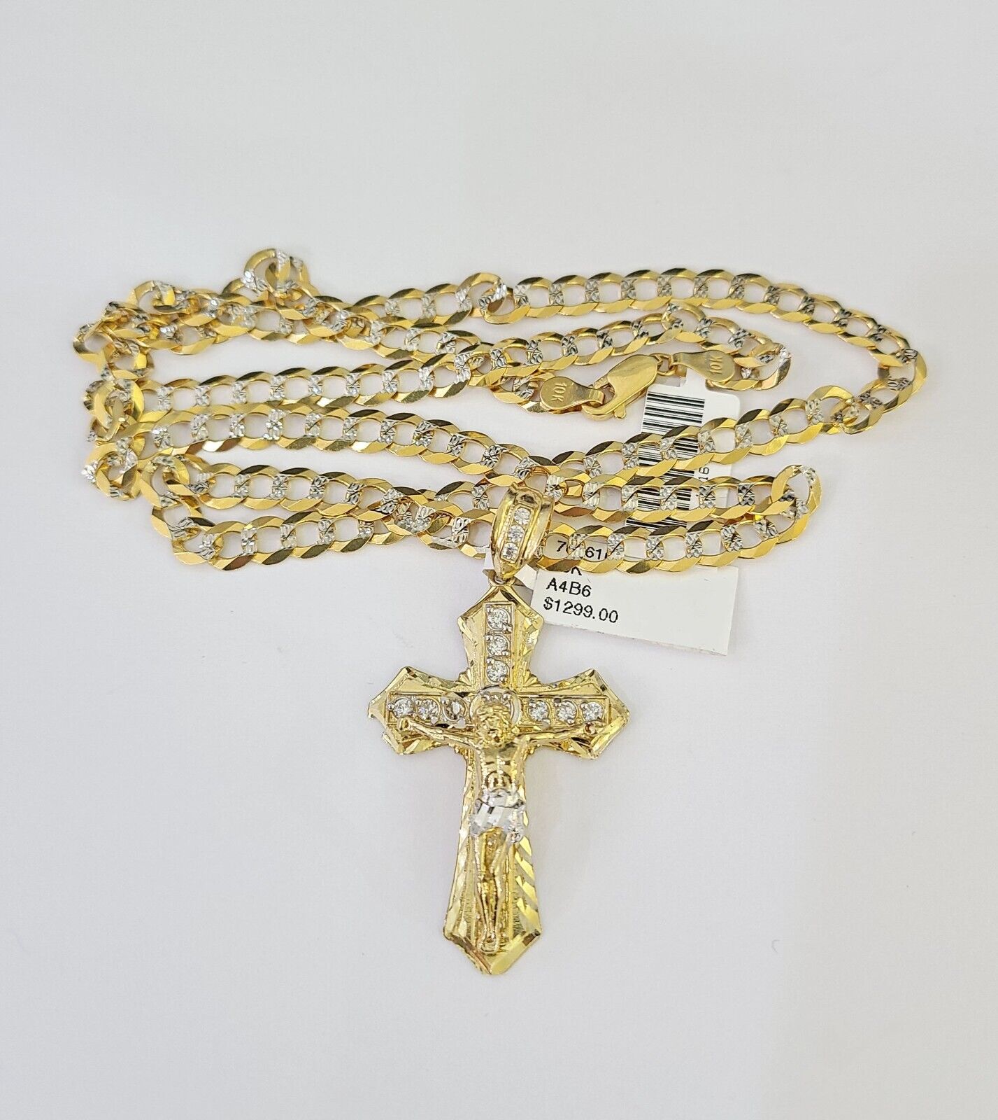 10k Gold Chain Cuban Curb Link Jesus Cross Pendant 6mm 20"-30" SET Necklace Solid Two-tone