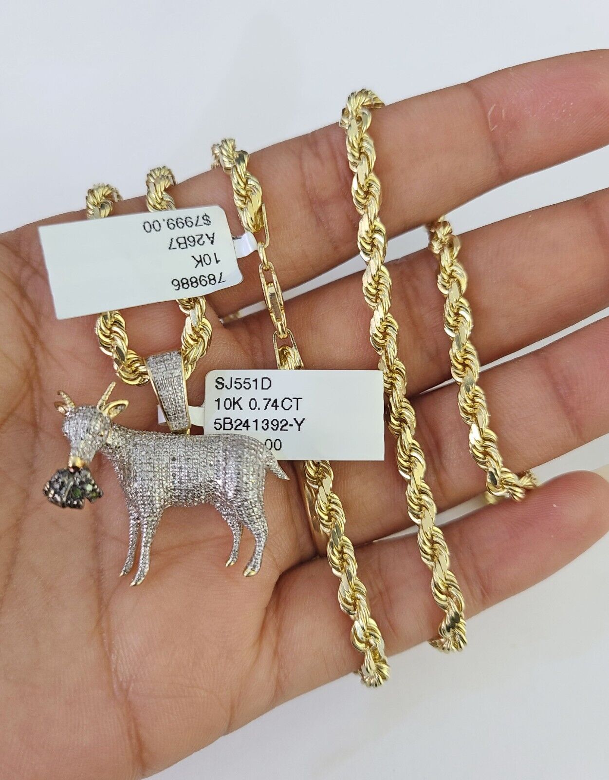 10k Solid Rope Chain Goat Charm Diamond Set 4mm 20"-28" Necklace Gold Yellow