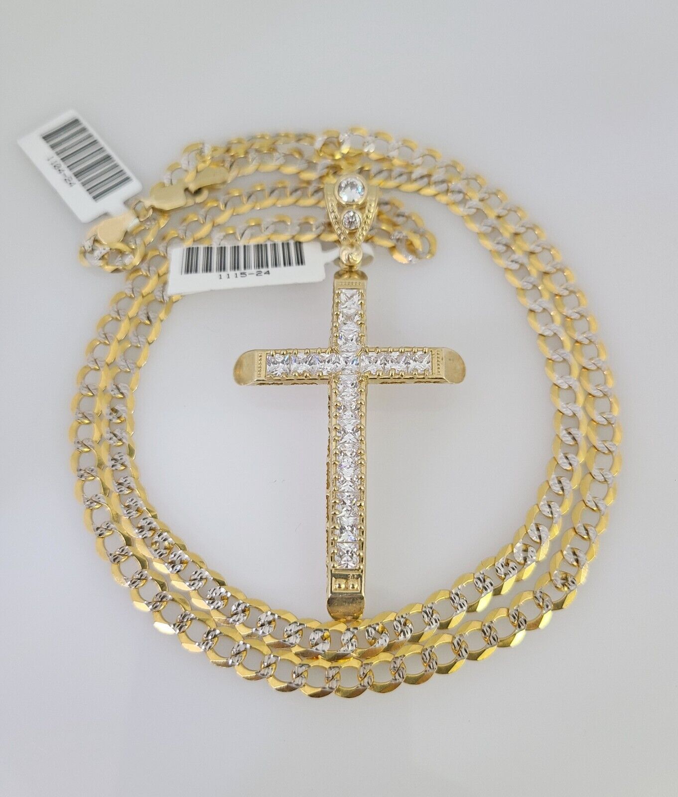 10k Gold Chain Jesus Cross Charm Solid Cuban Curb 5mm 18"-28" Inch SET