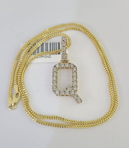 10K Franco Chain Diamond Q Pendant Initial Charm Letter Necklace 18"-24" 1.5mm