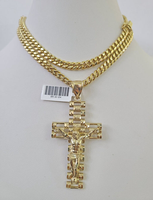 10K Miami Cuban Link Chain Jesus Cross Pendent Charm 6mm 20"-30" Necklace