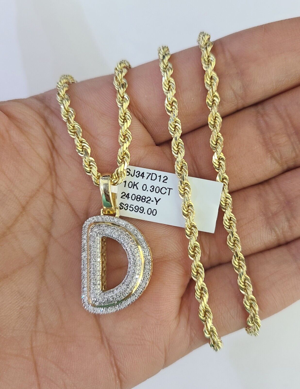 10k 3mm Rope Solid Chain D Diamond Pendant Alphabet 18"-28" Gold Charm Necklace