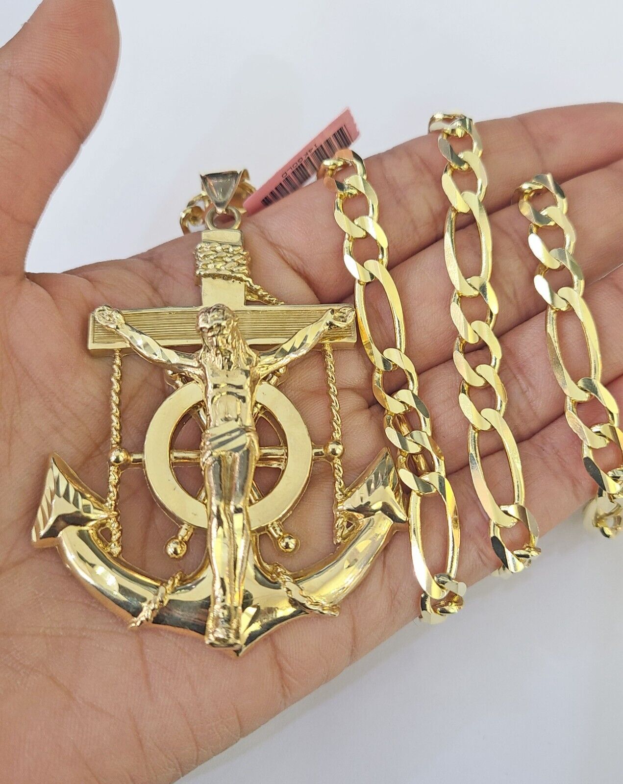 14k Solid Figaro Chain Jesus Anchor Pendant Gold 7mm 20-30 inch SET Necklace