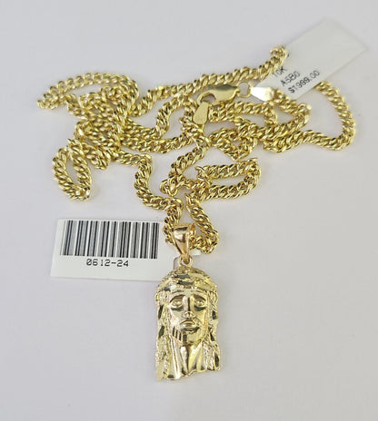 10K Gold Miami Cuban Chain Jesus Head 18"-28" 3mm REAL Pendant Necklace SET