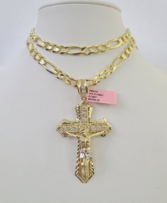 14k Solid Figaro Chain Jesus Cross Pendant Gold 7mm 20-30 inch SET Necklace