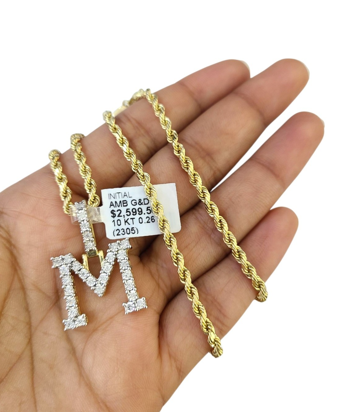 10k Rope Chain M Diamond Initial Charm Necklace Pendant Set 2mm 18"-24" Gold