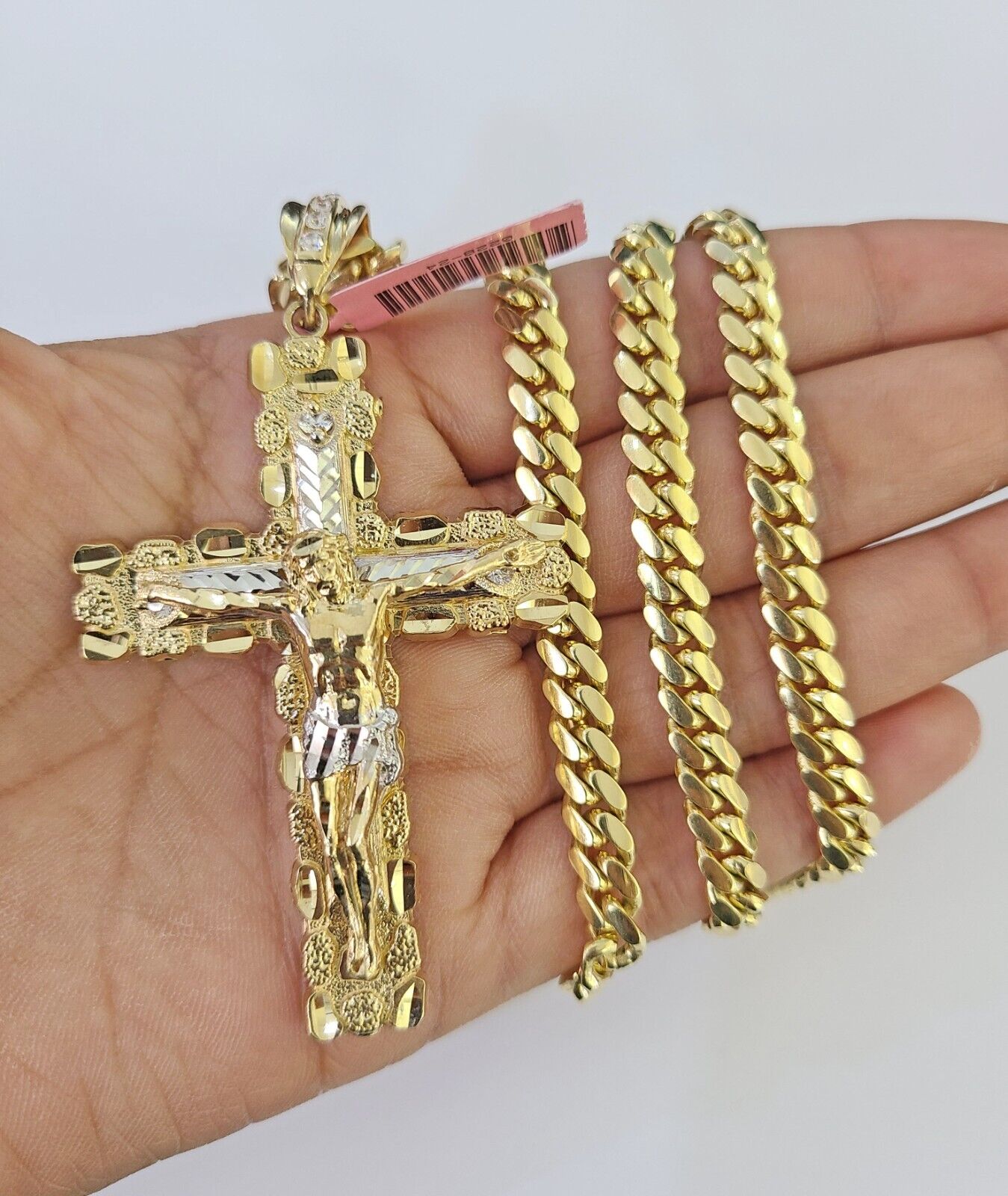 Real 14k Solid Chain Cross Charm Set Miami Cuban Link 6mm Necklace Pendant Gold