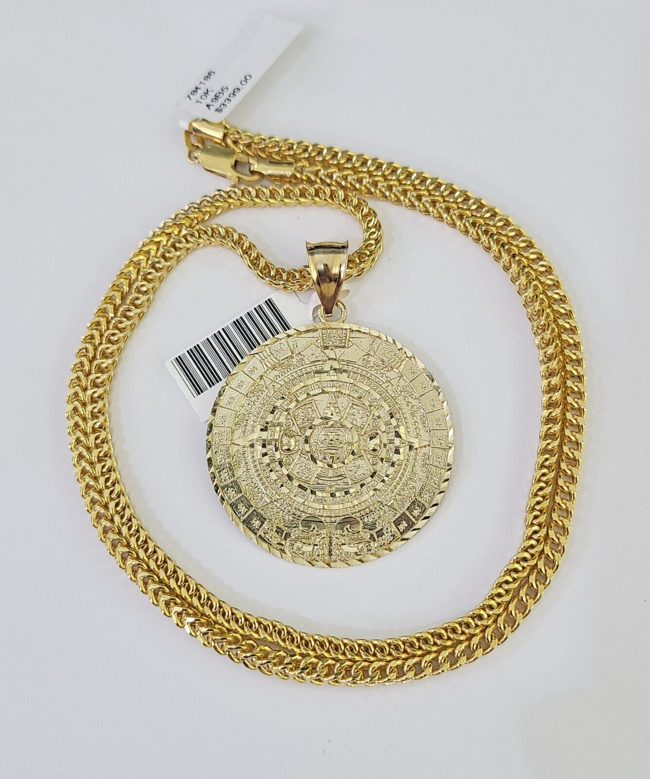 10K Franco Chain Mayan Calendar Pendant Charm Necklace 20"-26" 3mm Gold Yellow