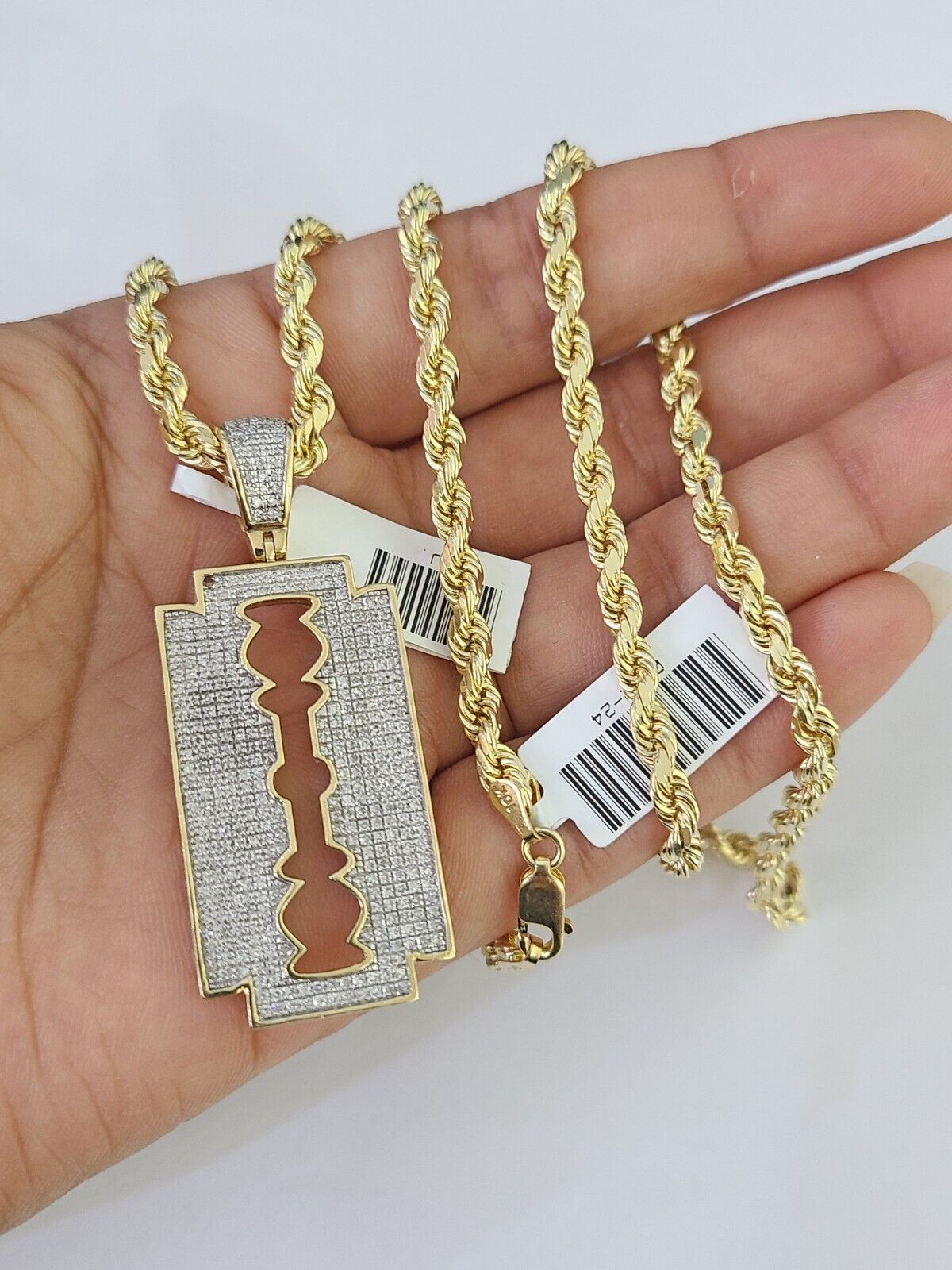 10k Solid Rope Chain Razor Blade Charm Diamond Set 4mm 20"-28" Necklace Gold