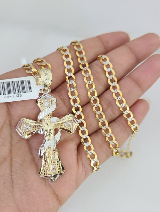 10k Gold Chain Jesus Spiral Cross Charm Solid Cuban Curb 5mm 18"-28" Inch SET