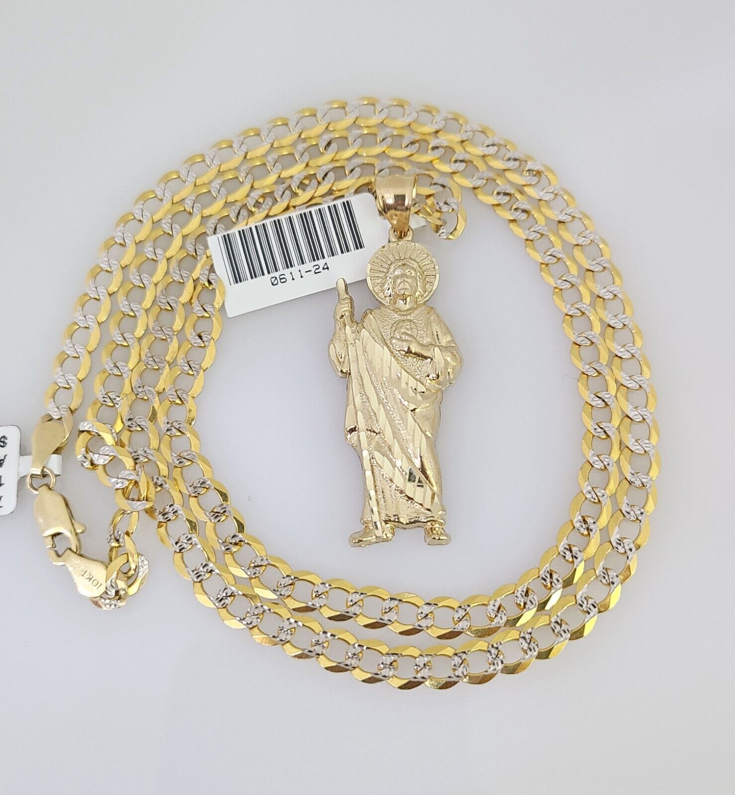 10k Gold Necklace Chain Saint Jude Charm Solid Cuban Curb 5mm 18"-28" Inch SET