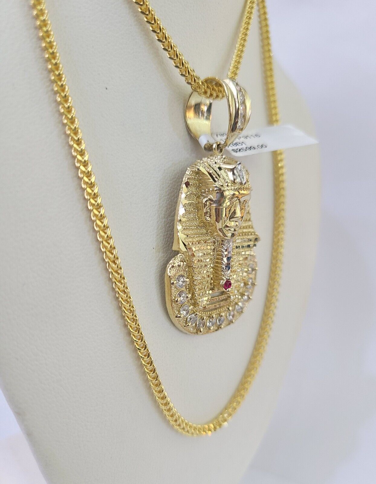 10K Franco Chain Pharaoh Head Pendant Charm Necklace 20"-26" 2.5mm Yellow Gold