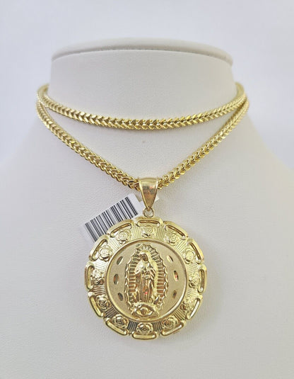 10K Franco Chain Jesus Mary Pendant Charm Necklace 20"-26" 3mm Gold Yellow SET