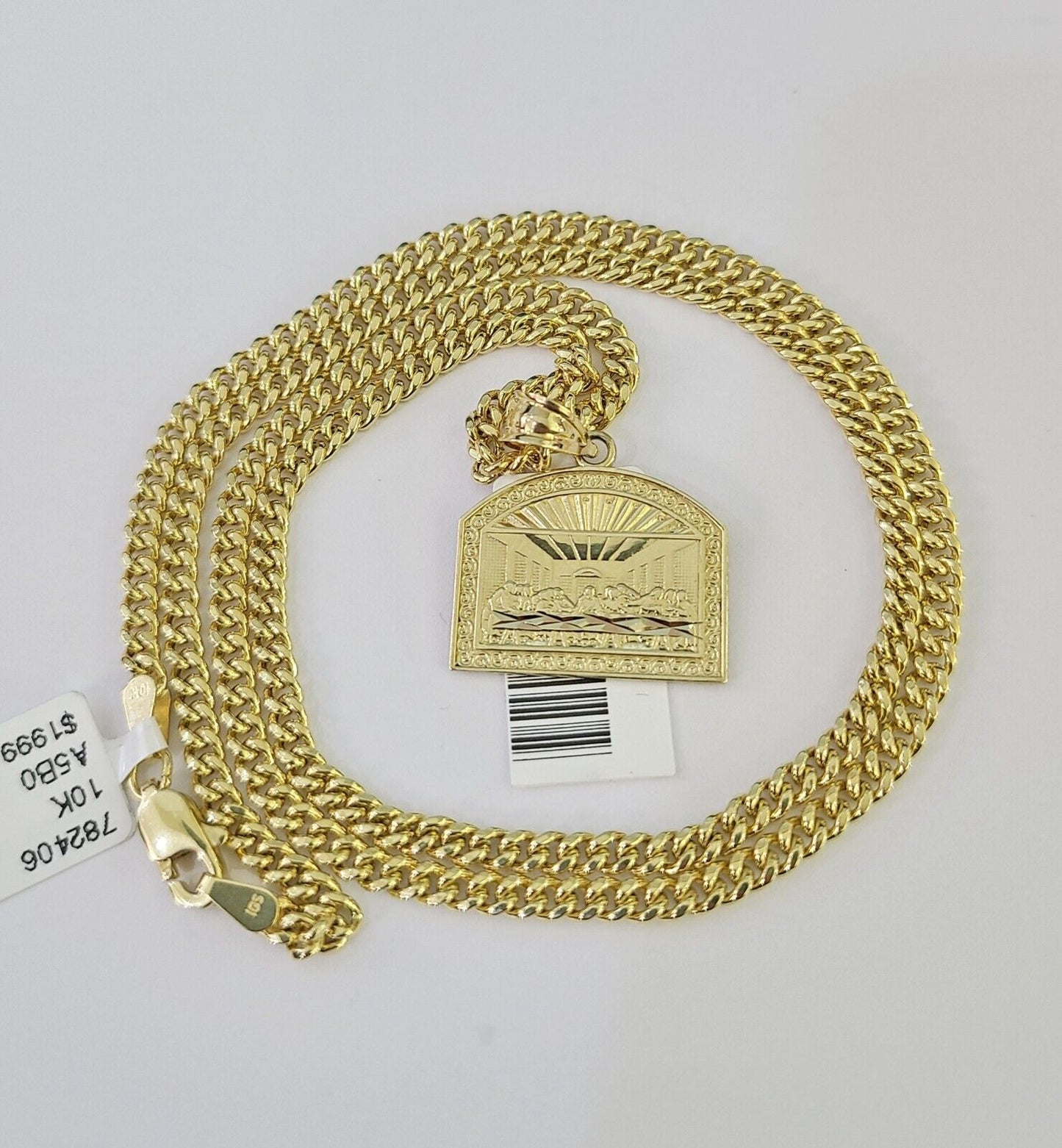 10K Gold Miami Cuban Chain Last Supper Charm 18"-28" 3mm REAL Pendant Necklace