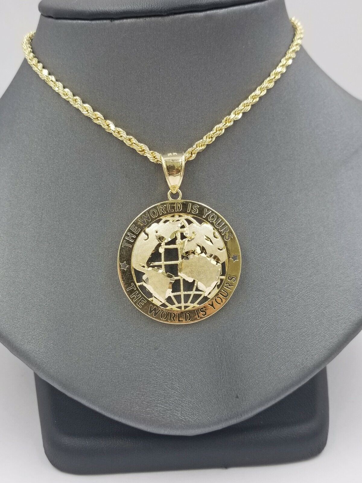 10K Yellow Gold Real Pendant The World is Your Solid fit a 7mm chain bail expand