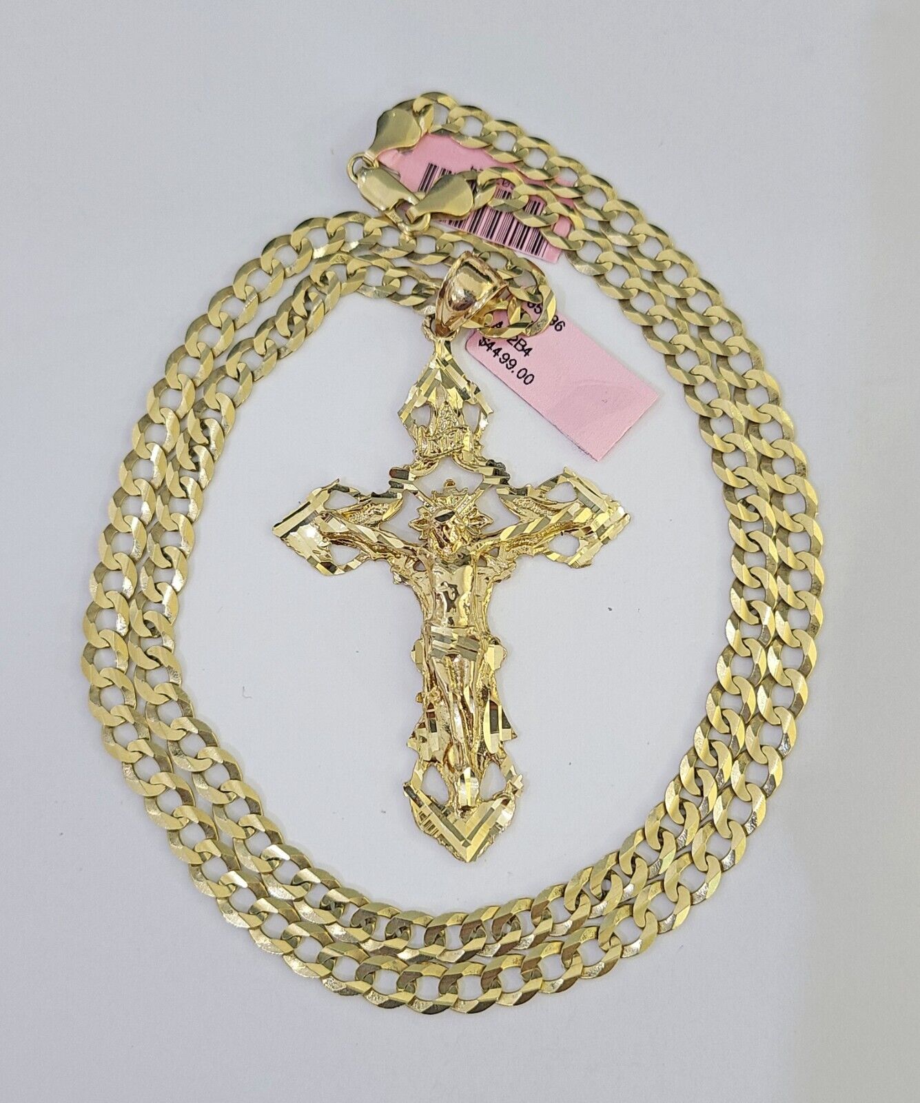 14k Gold Chain Jesus Cross Charm Solid Cuban Curb 5mm 20"-26" Inch SET Necklace