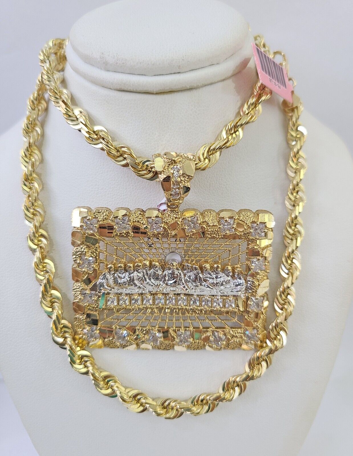 Real 14k Solid Rope Chain Last Supper Charm Set 6mm 18"-30" Necklace Gold