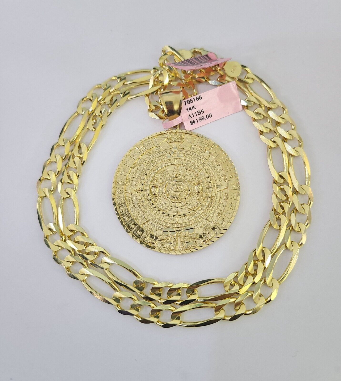 14k Solid Figaro Chain Mayan Calendar Charm Gold 7mm 20-30 inch SET Necklace