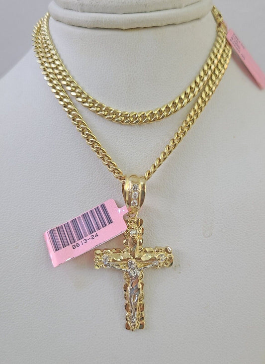 Real 14k Chain Cross Charm Set Miami Cuban Link 4mm Necklace Pendant Yellow Gold