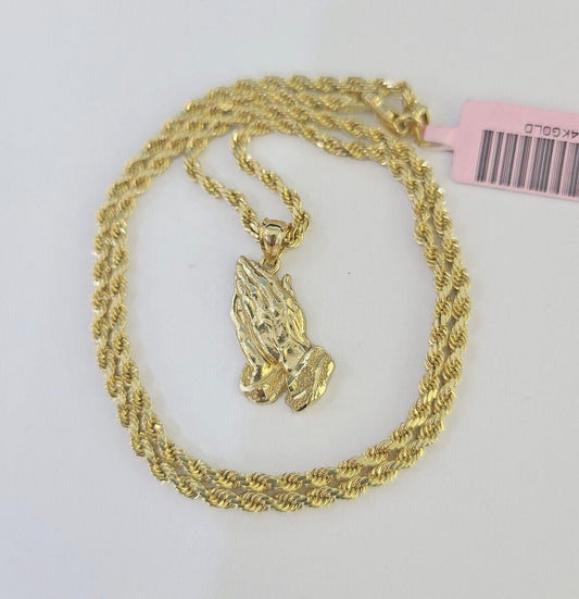 14k Rope Chain Praying Hands Charm Pendant Gold 2mm 18"-24inch SET Necklace