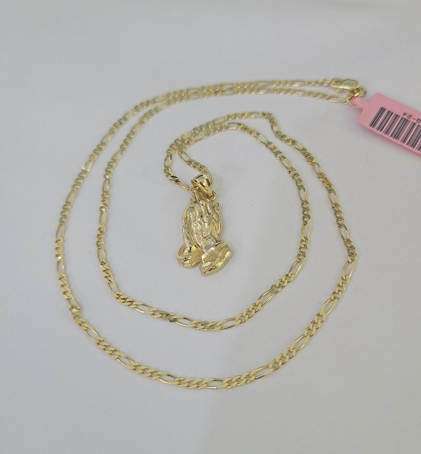 14k Figaro Chain Praying Hands Charm Pendant Gold 1.5mm 18"-24inch SET Necklace