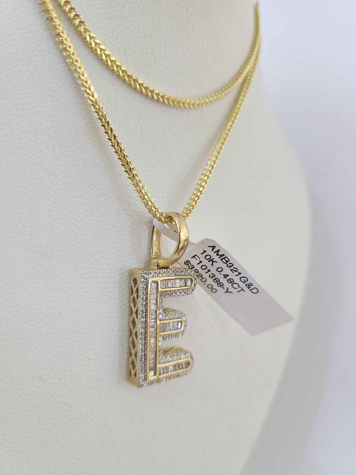 10K Franco Chain Diamond E Pendant Initial Charm Letter Necklace 18"-24" 1.5mm