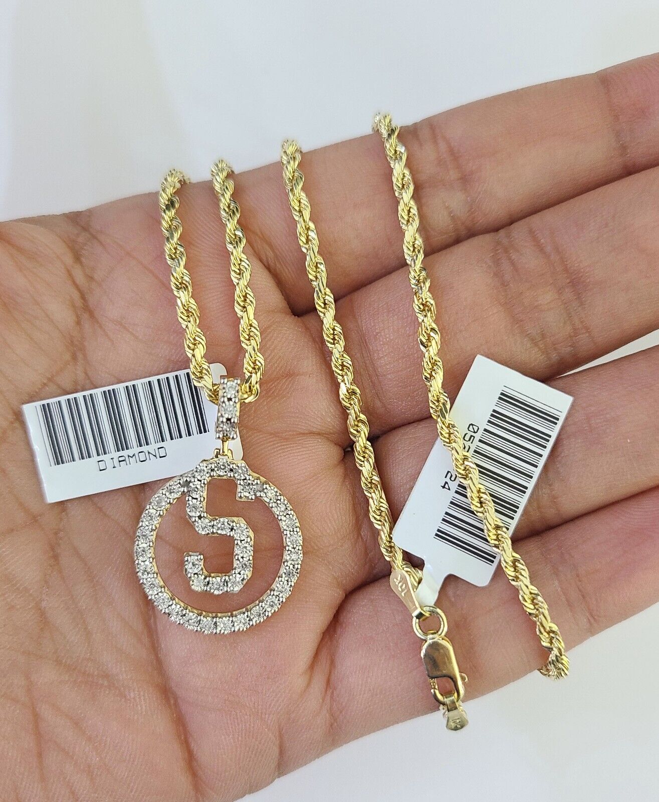 10k 3mm Rope Chain S Diamond Pendant Alphabet 18"-30" Gold Set Charm Necklace