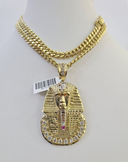 10K Miami Cuban Link Chain Pharaoh Pendent Charm 6mm 20"-30" Necklace