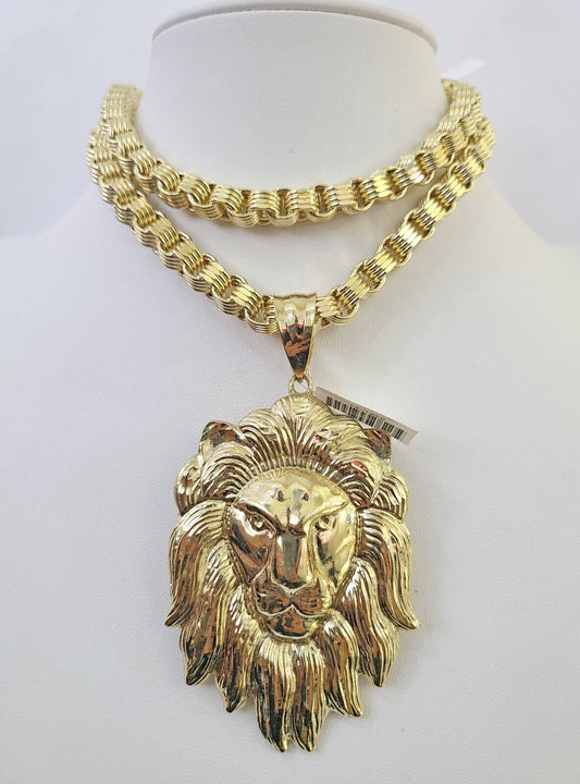 10k Gold Byzantine Necklace Lion Head Charm Pendant 20"-30" 8mm SET Chain