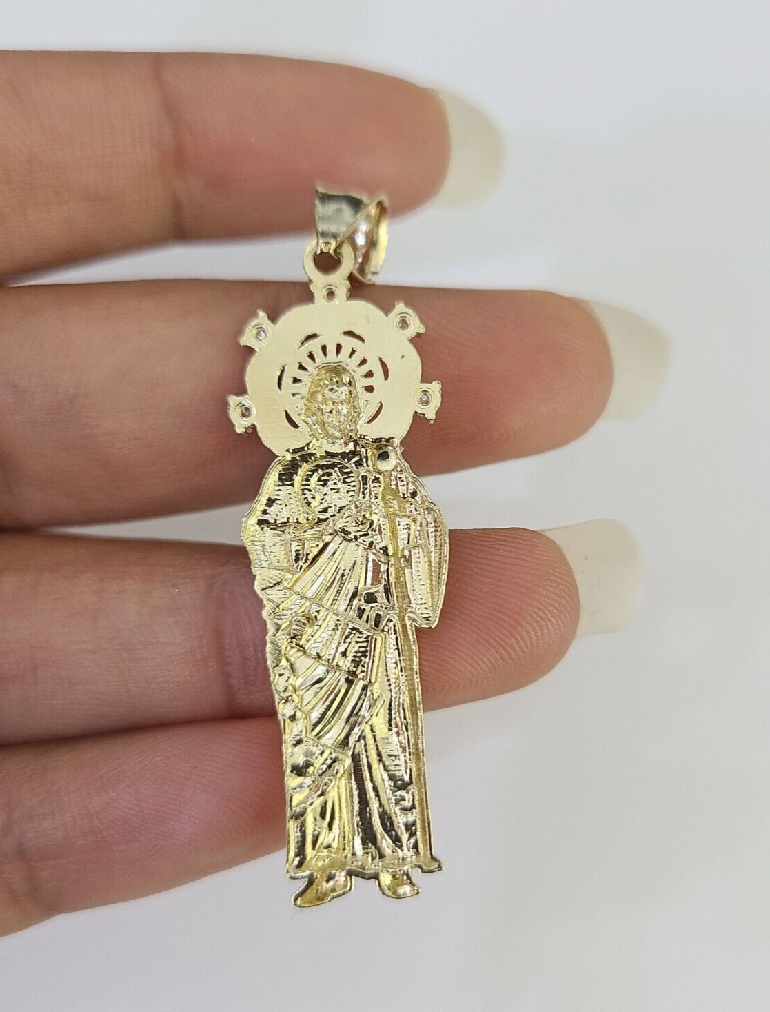 Real 10K Gold Saint Jude Charm Diamond Cut 10kt yellow Gold Pendent 2"